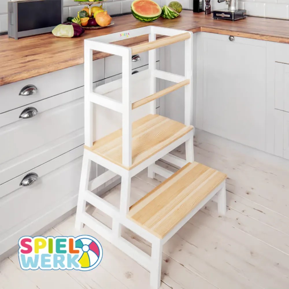 Wieża edukacyjna PLAY z drewna sosnowego, 93x56x49, biała/naturalny brąz Spielwerk