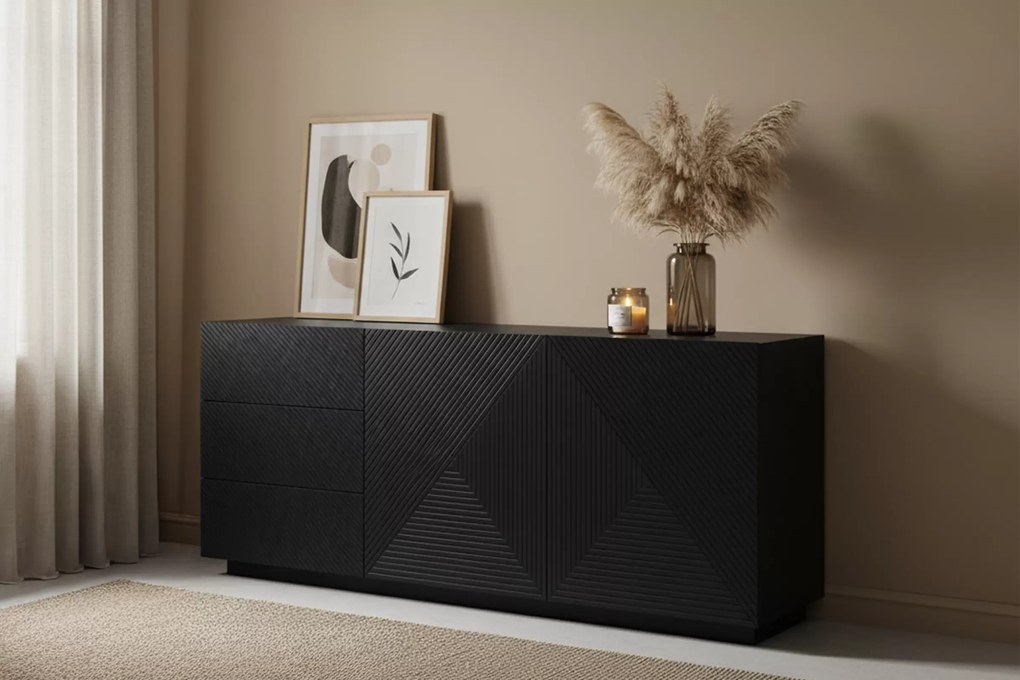 Komoda Asha 167 cm z szufladami i ryflowanym frontem - czarny mat