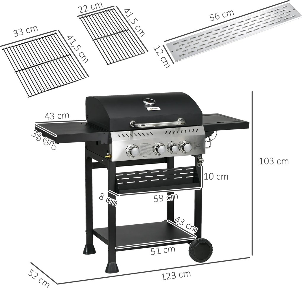 Outsunny Grill Gazowy, BBQ-Grill, 4 Główne Palniki, 1 Boczny Palnik, 1 Płyta Grzewcza; 123 x 52 x 101cm, Czarny