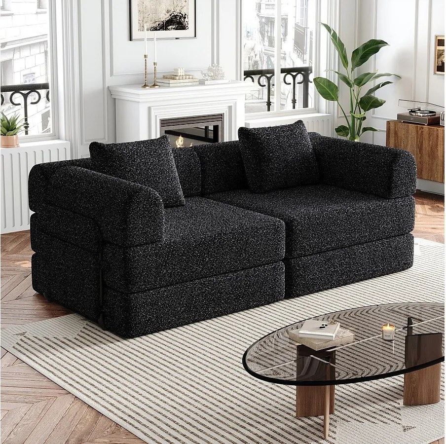 Sofa 2-osobowa, Sofa rozkładana z podłokietnikami i kieszeniami bocznymi, metalowa rama - Czarny szenil