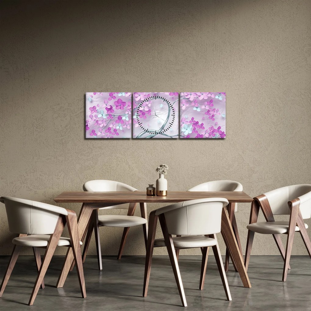 Obraz kwiatów na srebrnej łodydze - abstrakcja (z zegarem) (90x30 cm)