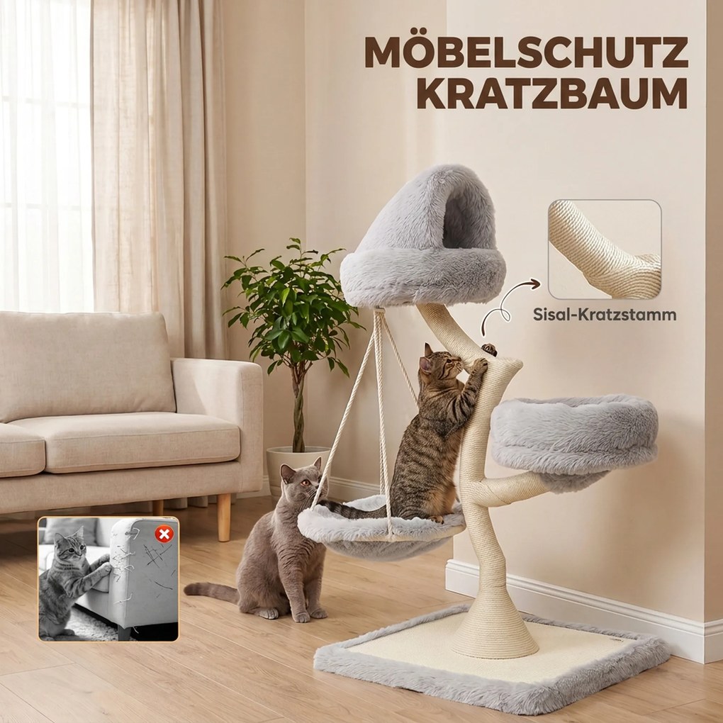 PawHut Drapak 115 cm wys. w kształcie drzewa, 2 zdejmowane legowiska do prania, hamak, słup do drapania z sizalu, dla kotów poniżej 6 kg | Aosom PL