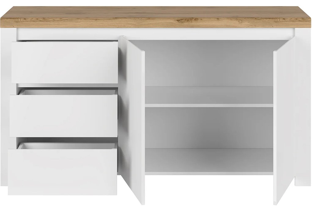 Komoda Dwudrzwiowa z Szufladami Drewniana do Salonu HAVEN 156 cm Biały Połysk/Dąb Wotan Nowoczesna