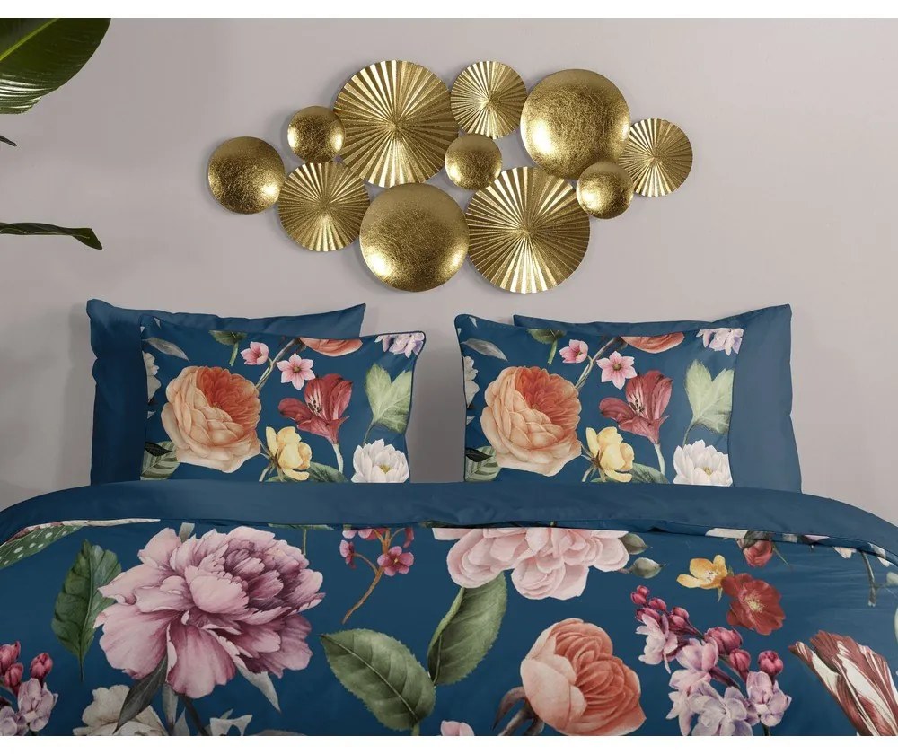 Ciemnoniebieska pościel jednoosobowa z satyny bawełnianej 140x220 cm Fiori – Descanso