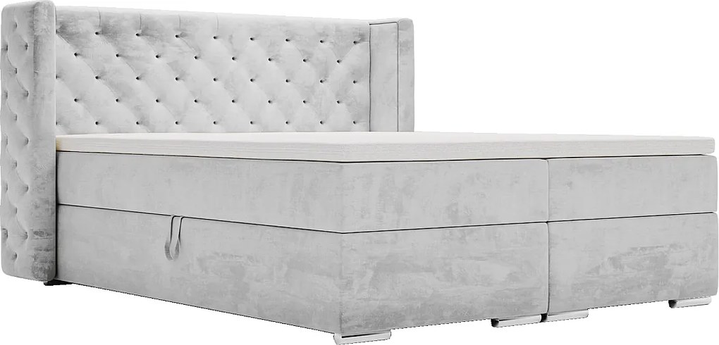 Emporius Valencia Box łóżko kontynentalne 180x200 - topper, materac H3, pojemnik - łóżko małżeńskie, tkanina aksamitna, jasny szary (Magic Velvet 2218)