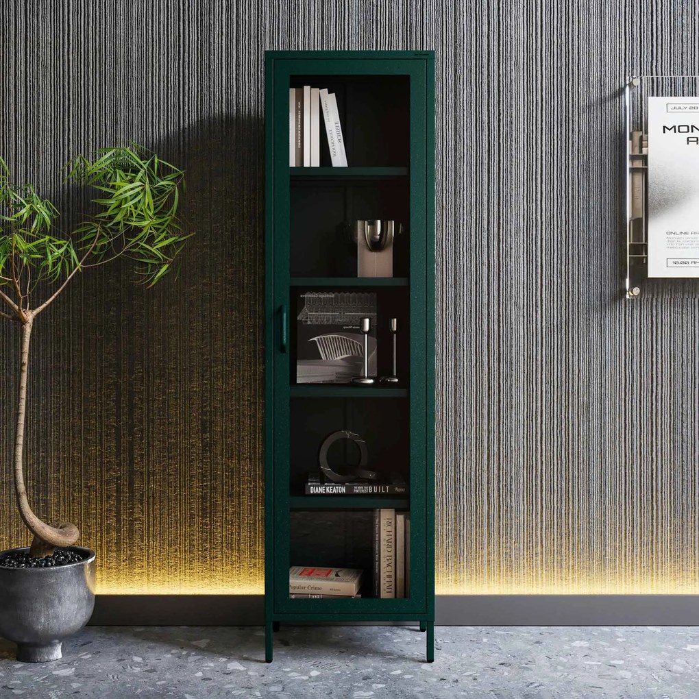 Witryna szklana do salonu wąska butelkowa zieleń Modern LUIGI 500 x 1800 x 350 mm