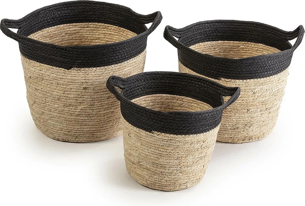 Zestaw trzech koszy Otilia z naturalnego włókna i papieru, czarno-beżowy.