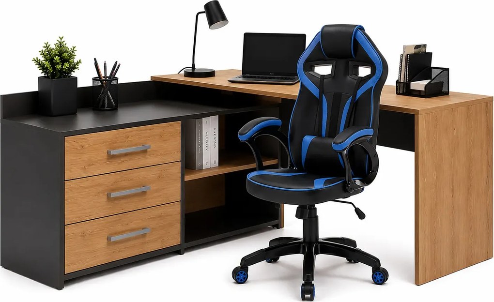 Biurko komputerowe z czarno-niebieskim ergonomicznym fotelem P7-W51