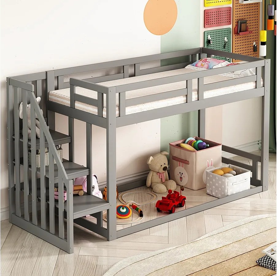 Łóżko piętrowe 90x200 cm - łóżko dziecięce z drabinką i barierką - szare drewno - materac nie jest wliczony w cenę