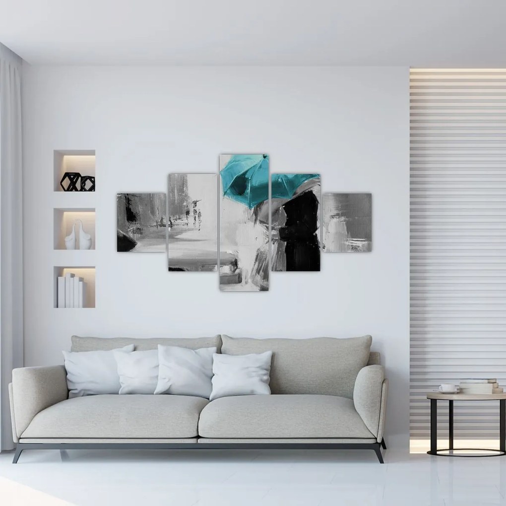 Obraz - Zakochana para z parasolem, niebieski (125x70 cm)