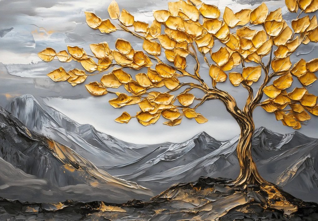 Fototapeta - Drzewo ze złotymi liśćmi (196x136 cm)