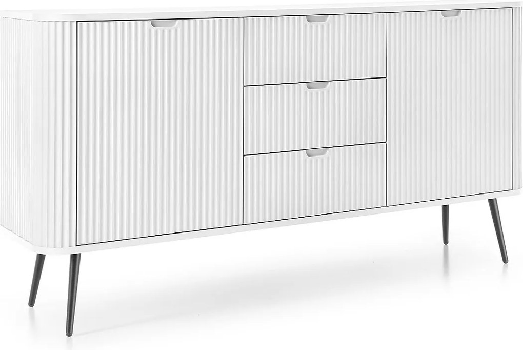 Szeroka komoda ZOVA 168 cm z 3 szufladami, 2 szafkami, uchwytami w nowoczesnym stylu, metalowe nóżki czarne 168/87/39 cm, kolor: Biały