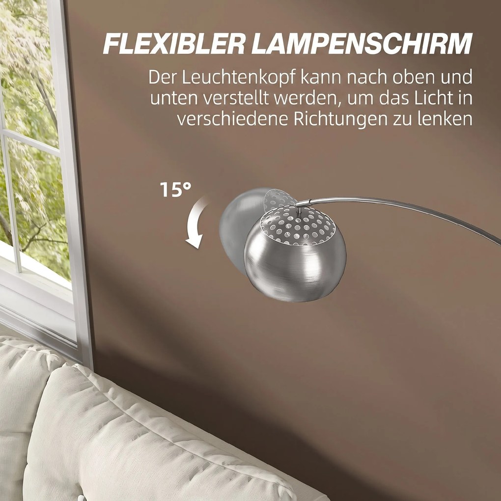 HOMCOM Lampa podłogowa, design łukowy z marmurową podstawą, 167 cm, srebrna | Aosom PL