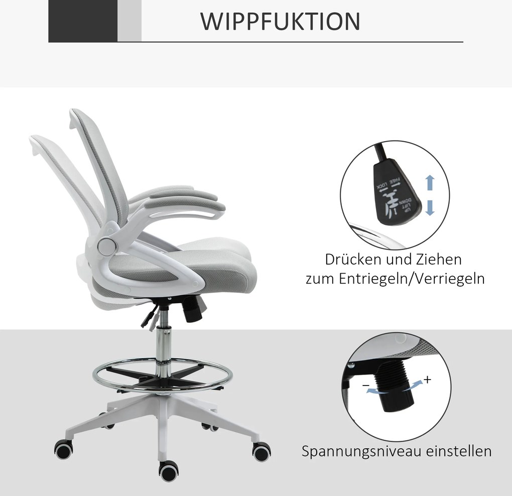 Fotel biurowy Vinsetto, krzesło biurowe, funkcja stania, z podnóżkiem, obrotowe siedzisko, stal, czarny, 64 x 60 x 106-126 cm