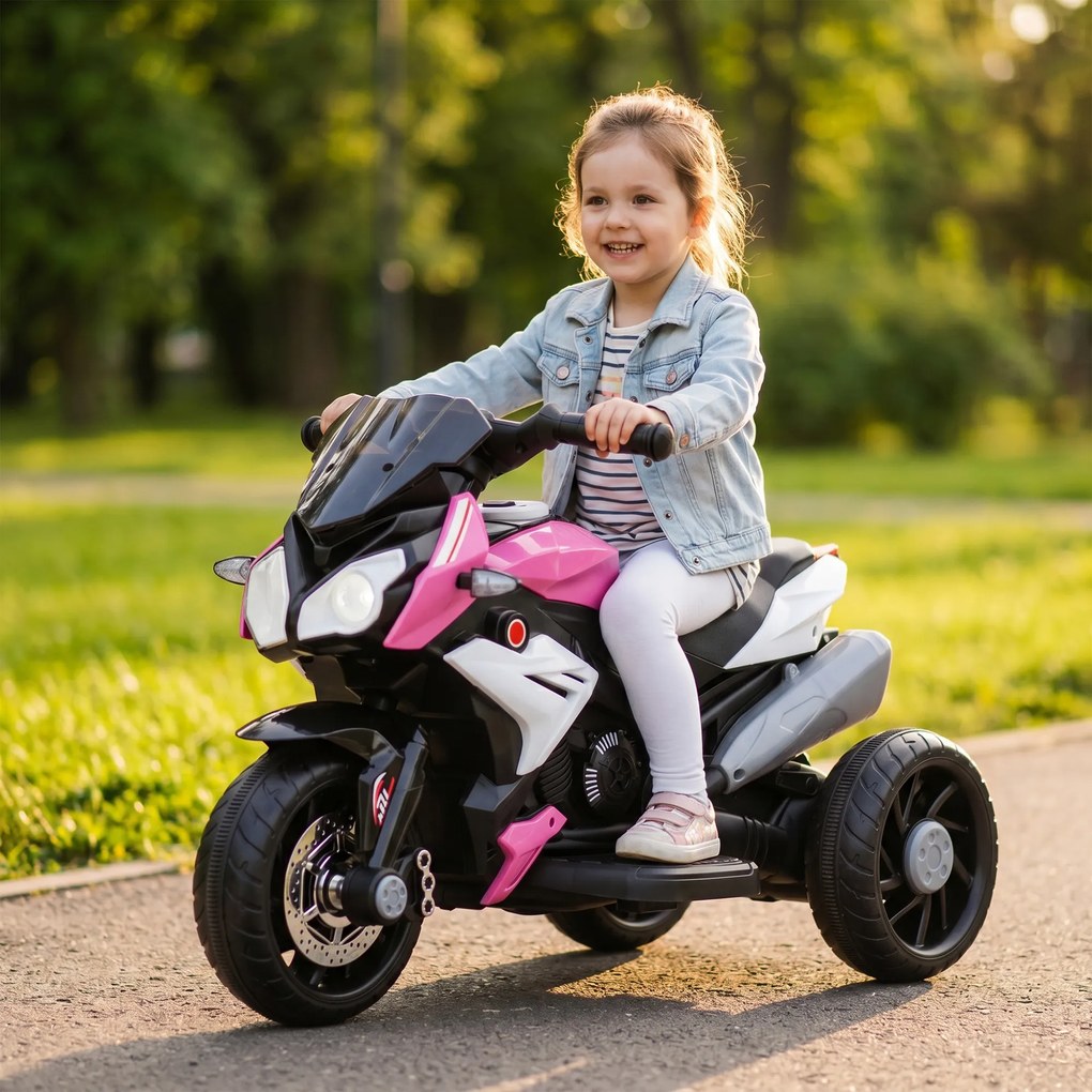 HOMCOM Elektryczny motocykl dziecięcy, światła i dźwięki, 3 km/h, akumulatorowy, tworzywo sztuczne i metal, Różowy/Biały | Aosom PL