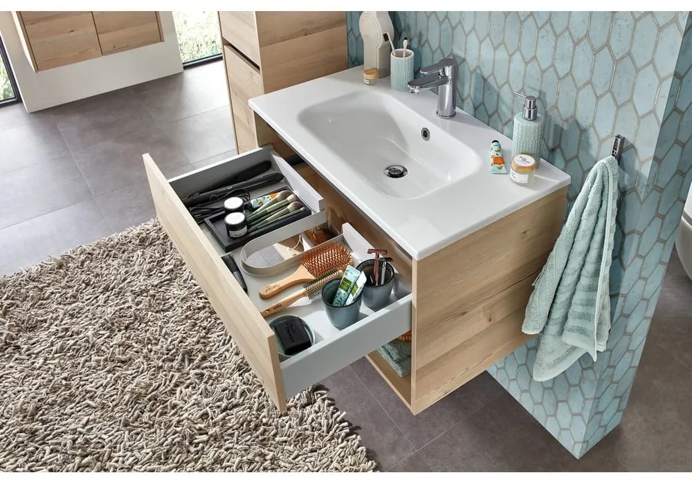 Wisząca szafka bez umywalki w dekorze sosny w naturalnym kolorze 51x80 cm Quickset 393 – Pelipal