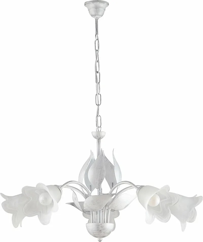Olga - żyrandol z białego lakierowanego żelaza, zdobienia w kolorze antycznego srebra, klosze z białego alabastru Ø14 cm, klasyczny styl, 5 świateł