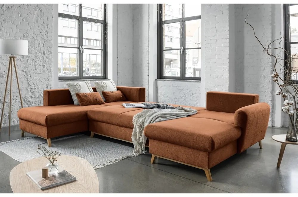 Ceglasta rozkładana sofa w kształcie litery "U" Miuform Scandic Lagom, lewostronna