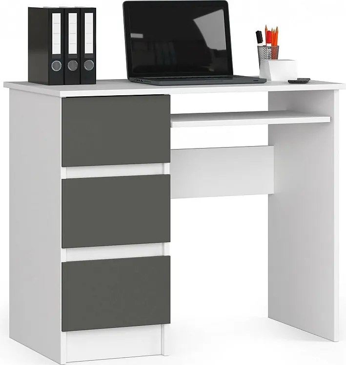 Biurko komputerowe AKORD A6 Białe 90 cm lewe 3 szuflady kolor Grafit Szary mat 1 półka 90x50x77 cm
