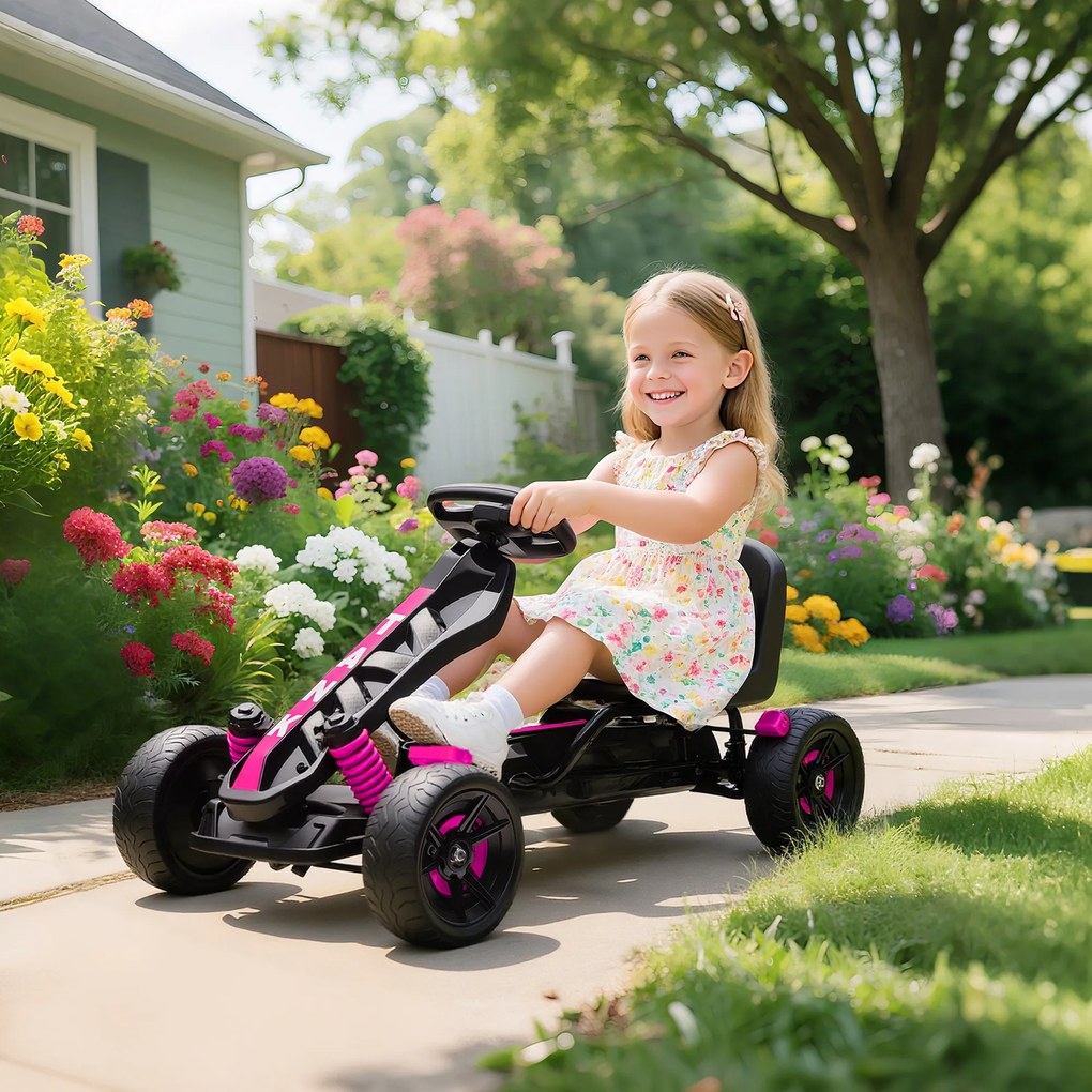 AIYAPLAY Gokart na pedały, pojazd na pedały dla dzieci z hamulcem, antypoślizgowe koła, metalowa rama, 3-6 lat, Różowy | Aosom PL