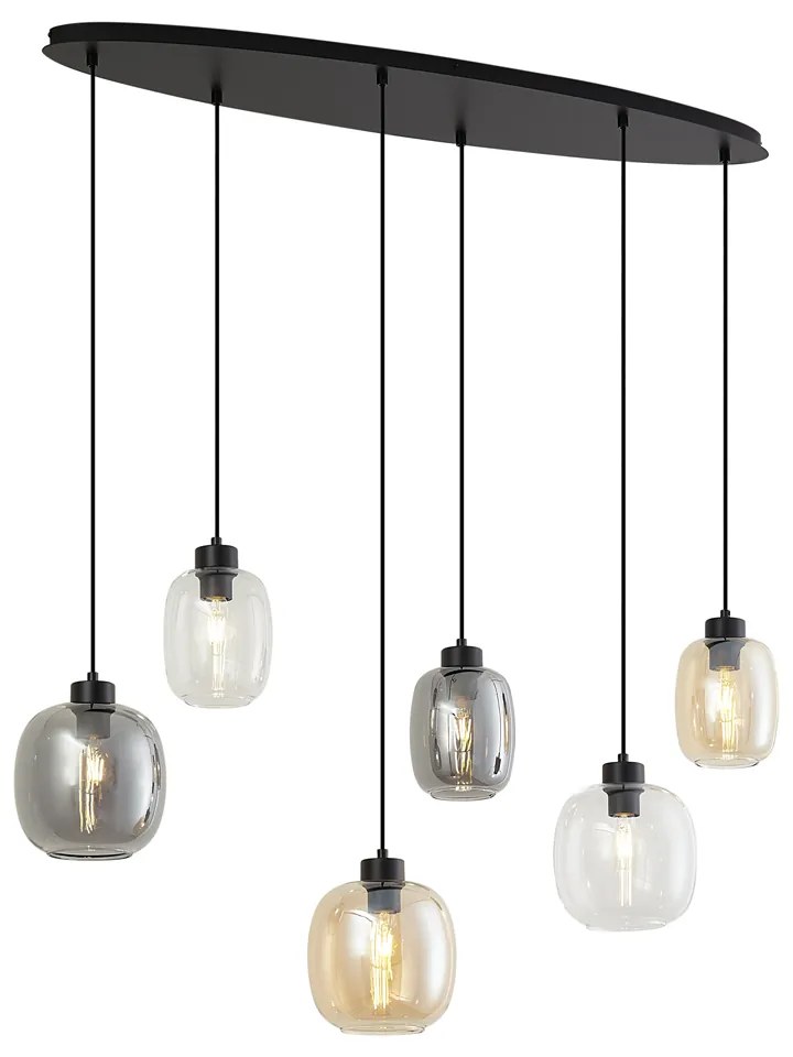 Lampa wisząca czarna z bursztynowym, przydymionym i przezroczystym szkłem, 6-punktowa - Elena