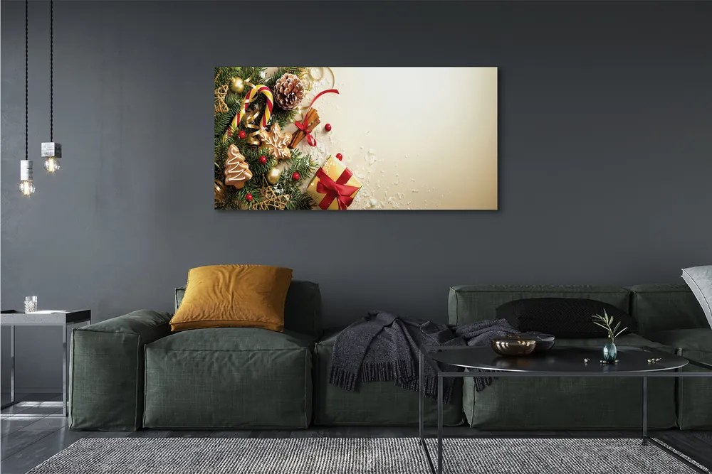 Obraz na płótnie Świąteczny Stół: Gałązki, Prezenty, Szyszki i Pierniki