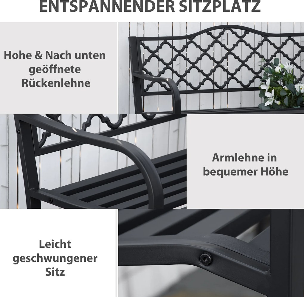 Outsunny Metalowa Ławka Ogrodowa 2-osobowa Czarna Stylowa z Oparciem i Podłokietnikami 128x585x89cm | Aosom PL