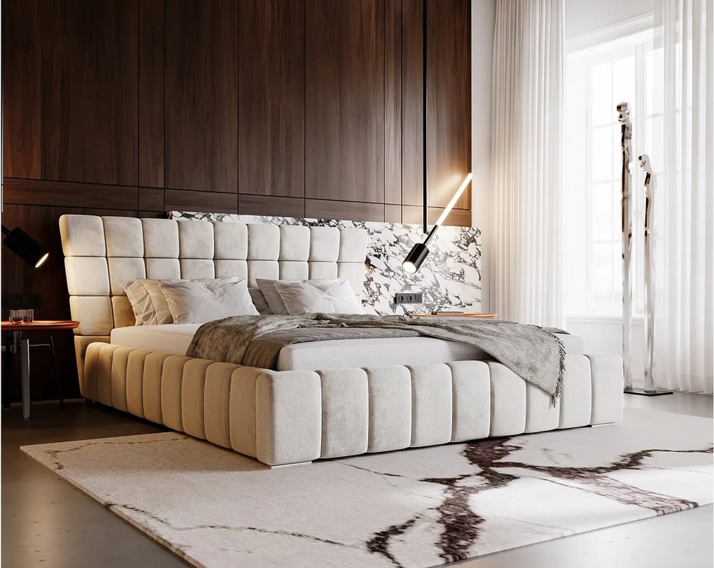 Emporius Deluxe łóżko tapicerowane 140x200 cm - łóżko przeszywane w nowoczesnym stylu - pojemnik i stelaż, tkanina aksamitna, wanilia (Magic Velvet 2201)