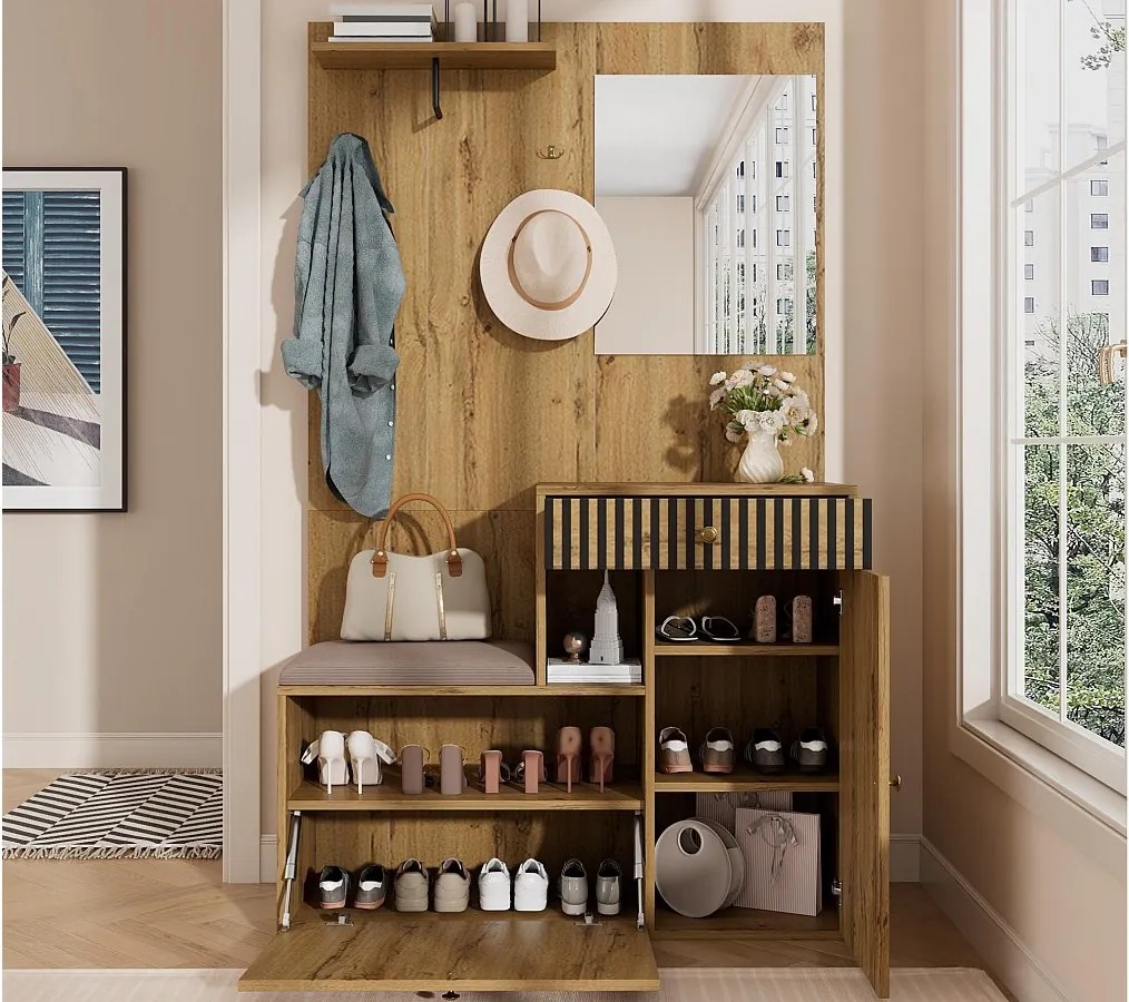 Zestaw na ubrania do przedpokoju 110x37x185,5 cm - z lustrem i wieszakami - Szafa na buty i ławka butowa - Naturalny