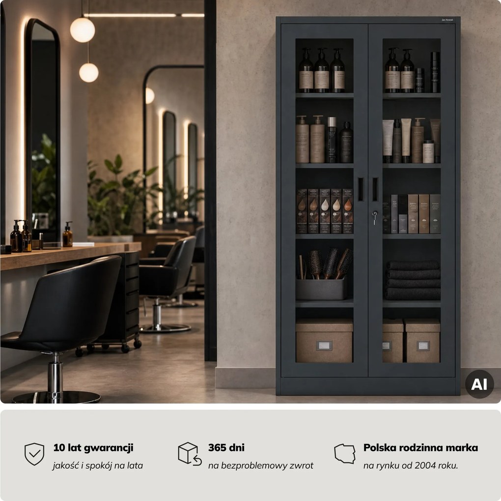 Witryna przeszklona metalowa wysoka z zamkiem antracytowa, 900x1850x400 mm: AMELIA
