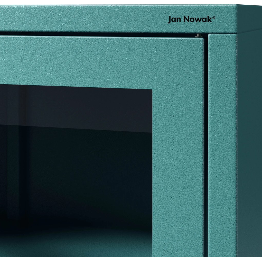 Witryna szklana do salonu wąska morska / turkusowa Modern LUIGI 500 x 1800 x 350 mm