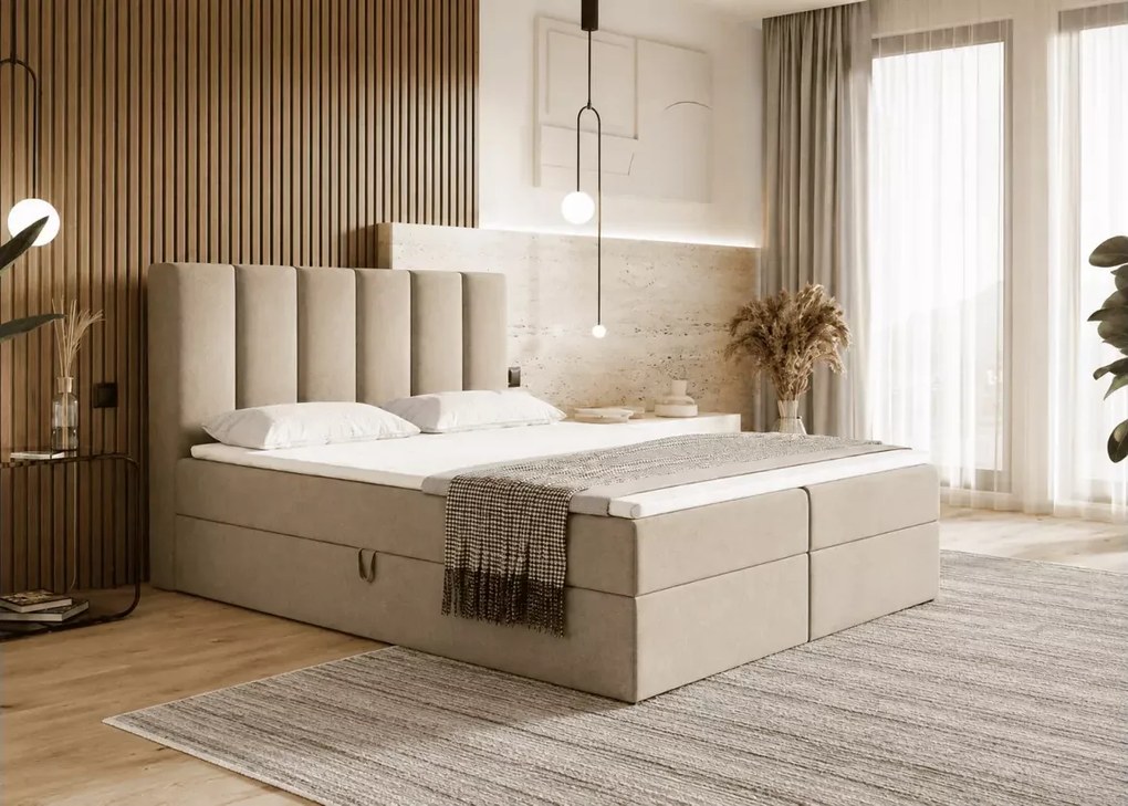Łóżko kontynentalne Sergio boxspring z materacem bonell i pojemnikami na pościel tapicerowane