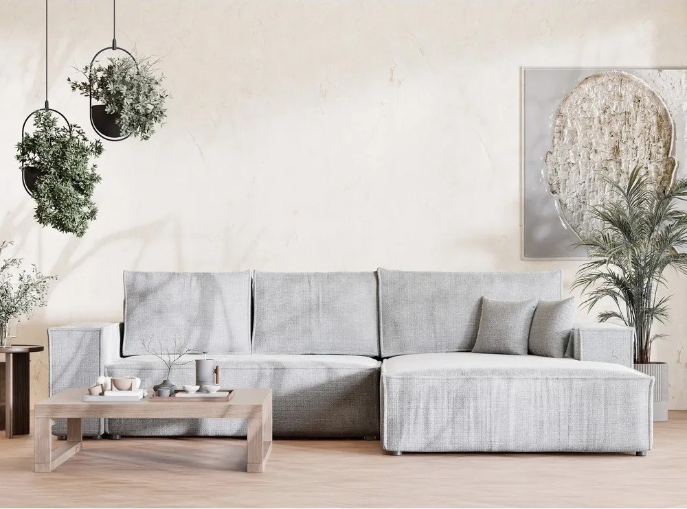Jasnoszary rozkładany narożnik ze schowkiem z tkaniny szenilowej (prawostronny/z szezlongiem) Maze – Maison de Rêve