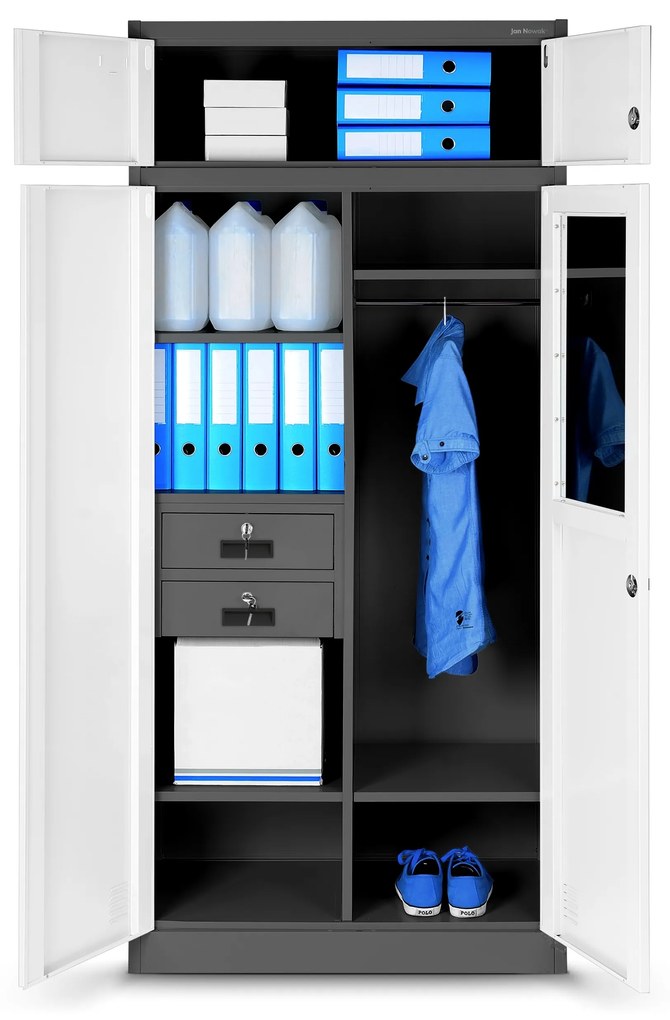 Wielokomorowa szafa socjalna z miejscem na ubrania BORYS, 900 x 1850 x 500 mm, antracytowo-biała