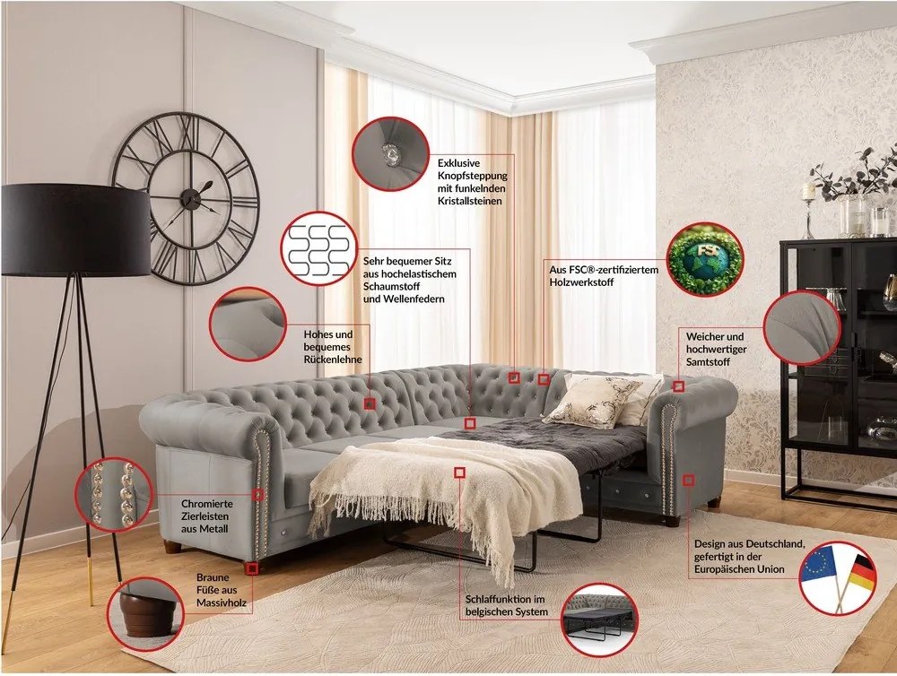 Szary aksamitny rozkładany narożnik (prawostronny/w kształcie litery L) York Blik – Ropez