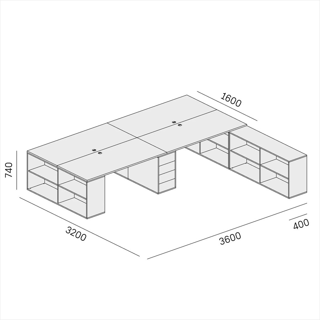 Zestaw biurek biurowych BLOCK B05, 4 stanowiska z przestrzenią do przechowywania, 360 × 320 cm, dąb naturalny/grafit