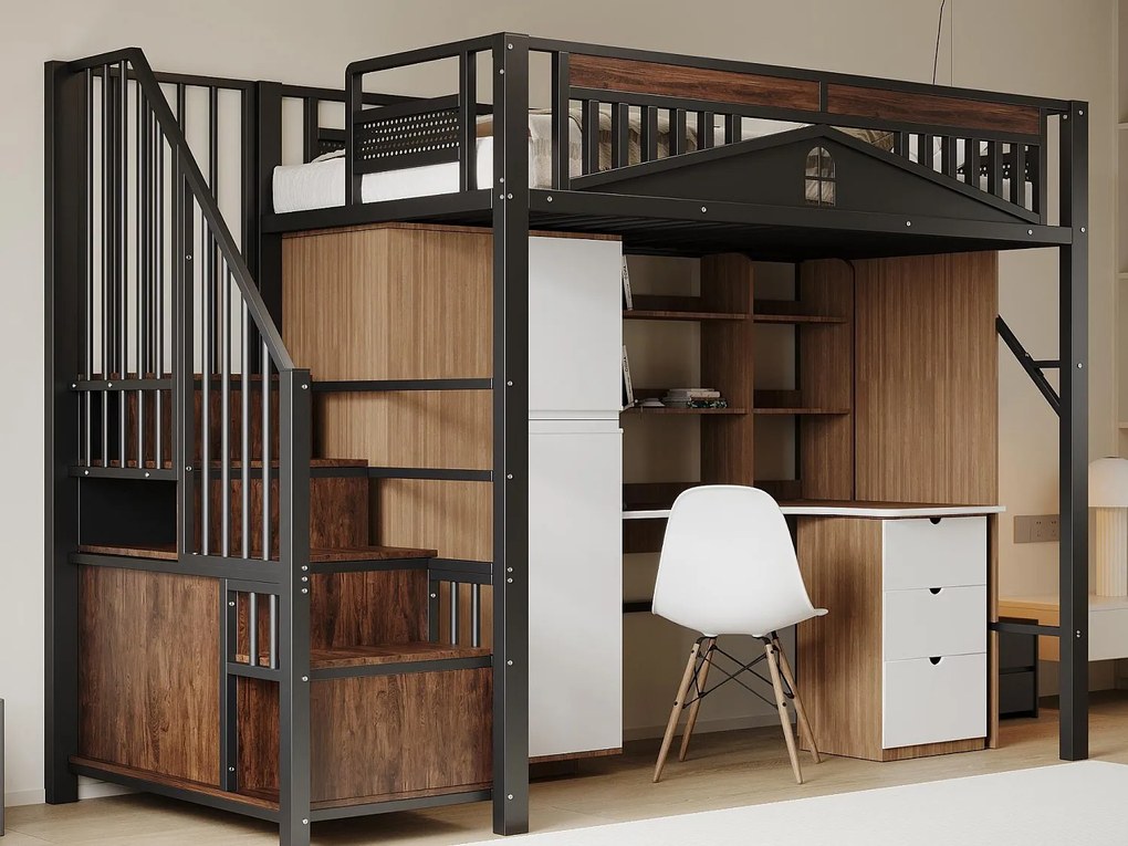 Łóżko mezzanine metalowe 90x200cm - z drabiną do przechowywania - Czarne (materac nie wchodzi w skład)