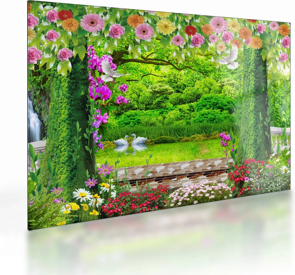 Obraz na szkle - Magiczny ogród z łabędziami (70x50 cm)