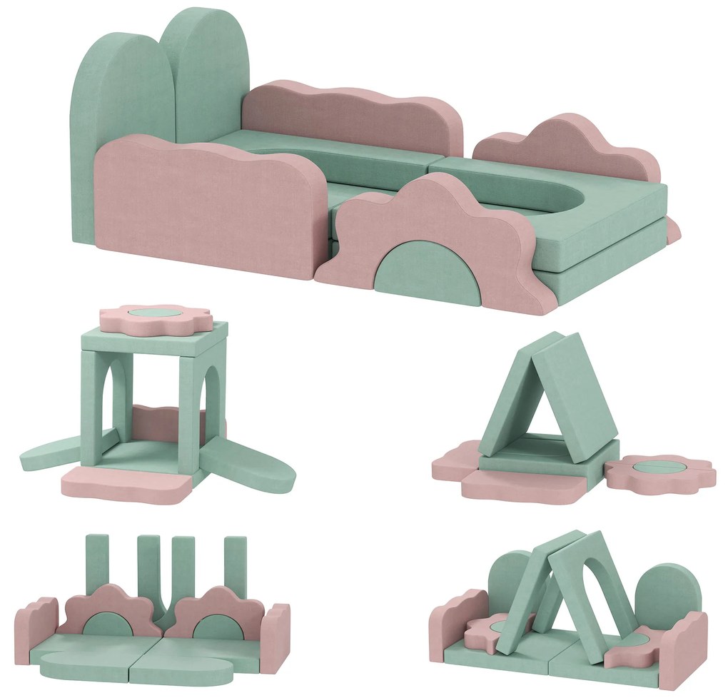 AIYAPLAY 12-częściowy zestaw klocków piankowych do wspinaczki, budowania, pełzania, maty do zabawy w pomieszczeniach z pokryciem z weluru, Zielony+Różowy