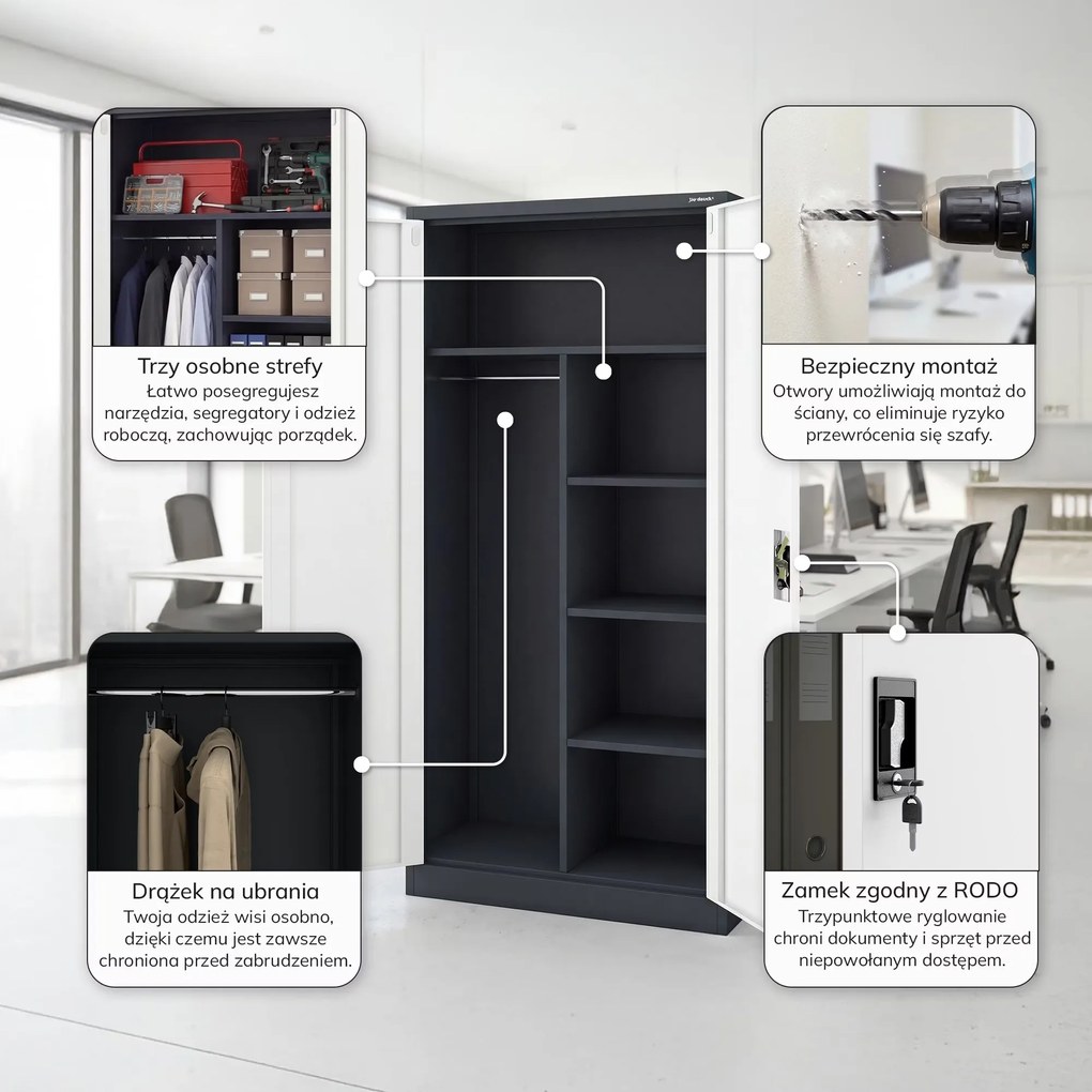 Szafa metalowa wielofunkcyjna: DAWID 900 x 1850 x 450 mm, antracytowo-biała