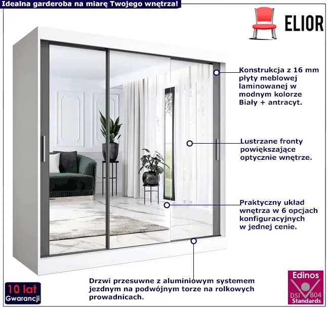 Szafa przesuwna z lustrem biały + antracyt 200 cm - Kukkin 6X
