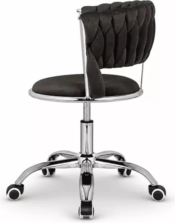 Eleganckie welurowe krzesło obrotowe Marray z plecionym oparciem i chromowaną podstawą do biura, gabinetu i toaletki