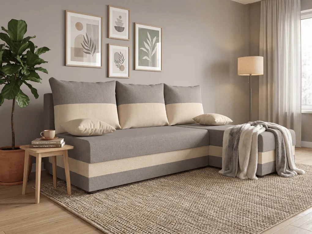 Rozkładana narożna sofa VALERIO SLIM 200x140 cm, jasnoszara/beżowa, uniwersalna + 2 poduszki GRATIS