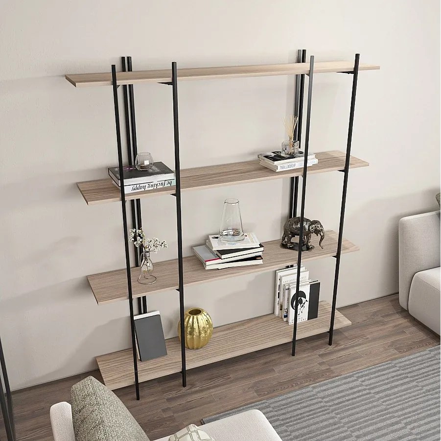 Elegancki regał na książki w kolorze dębu i czerni, 160 cm x 180 cm x 29,6 cm | Płyta wiórowa pokryta melaminą w 100%, grubość 18 mm | Ideal