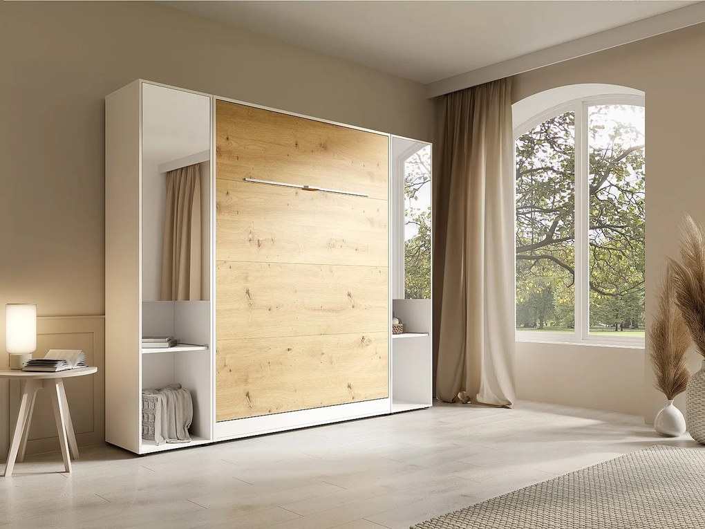 Łóżko chowane w szafie pionowe 140 x 200 cm - 2 kolumny do przechowywania - Z lustrami i LEDami - Białe i naturalne + Materac - RAPILI
