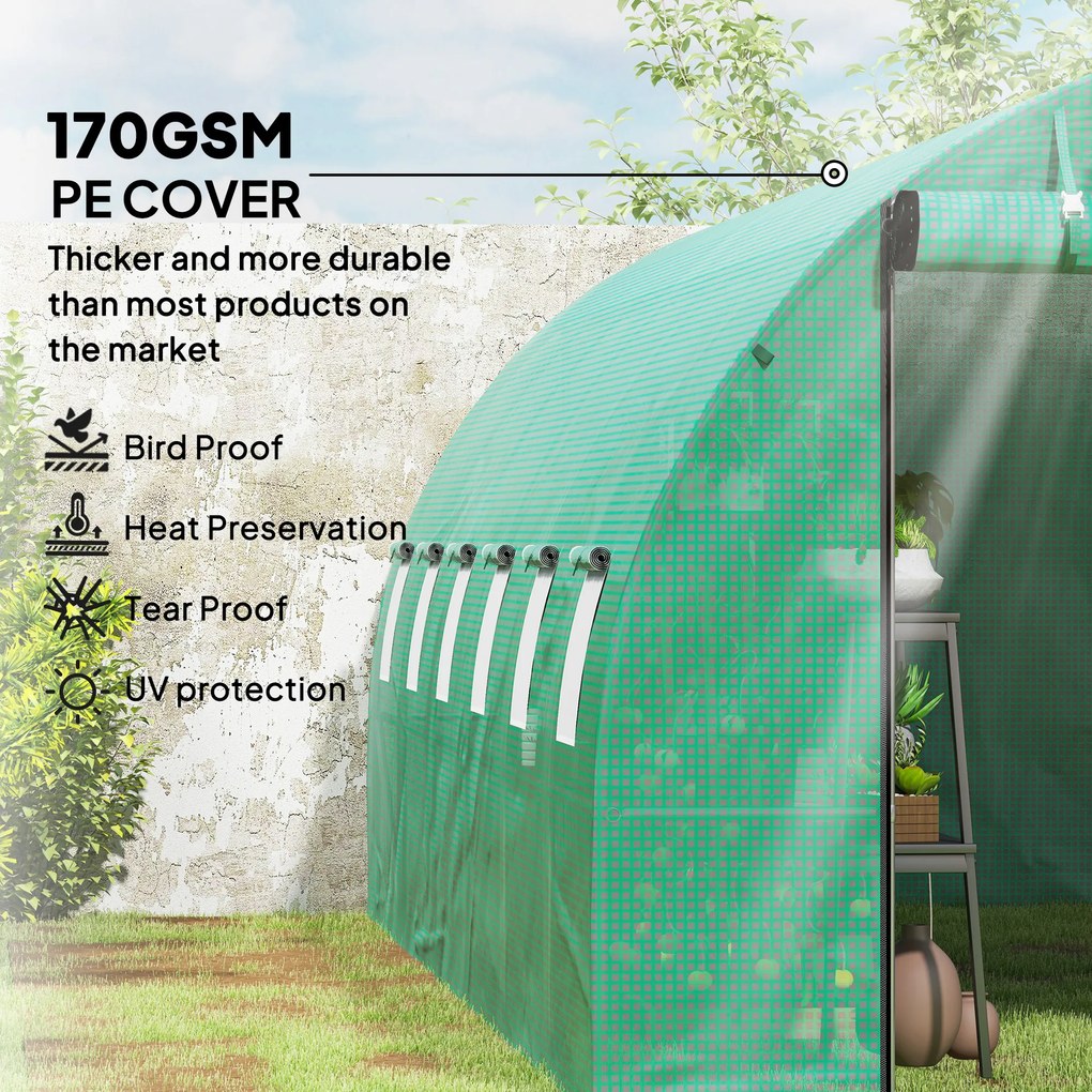 Outsunny Szklarnia typu Polytunnel z osłoną plastikową i stalową ramą, z rolowanymi drzwiami, Zielona