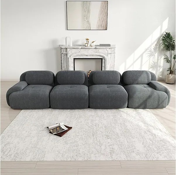 Sofa 4-osobowa Modułowa z Weluru Prążkowanego - z 4 Poduszkami - 388x103x75cm - Szary