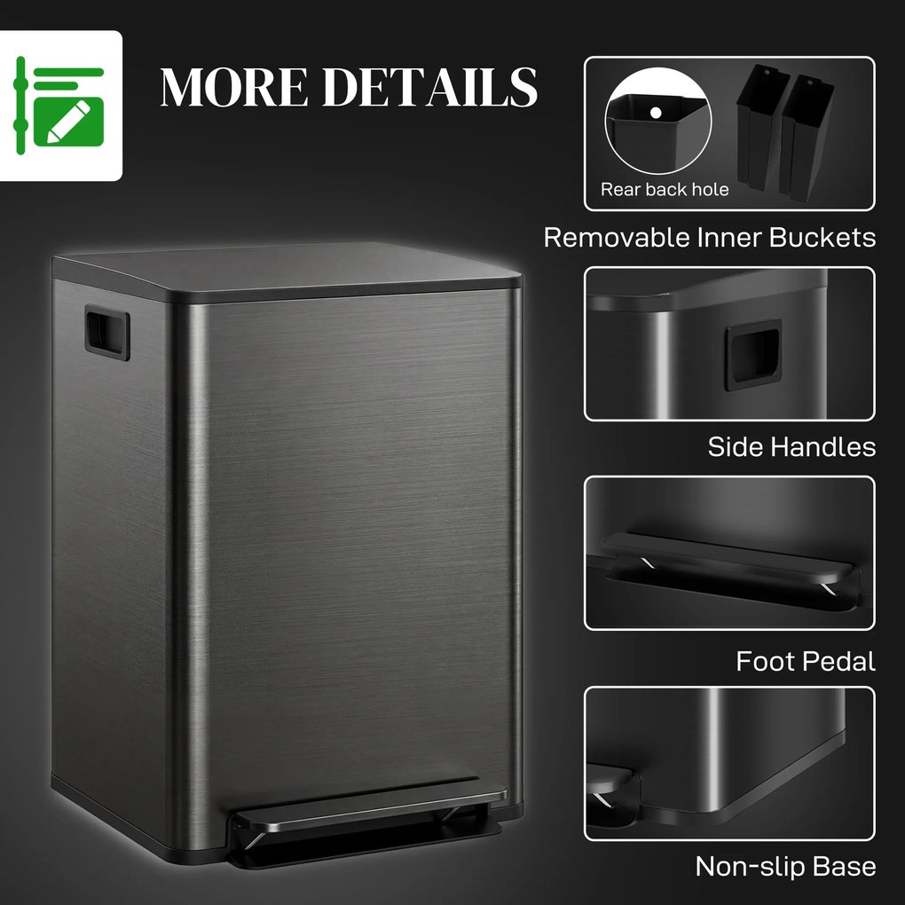 HOMCOM Kosz na śmieci z 2x30L komorami, pokrywa Soft-Close, odporny na odciski, stal nierdzewna, czarny | Aosom PL