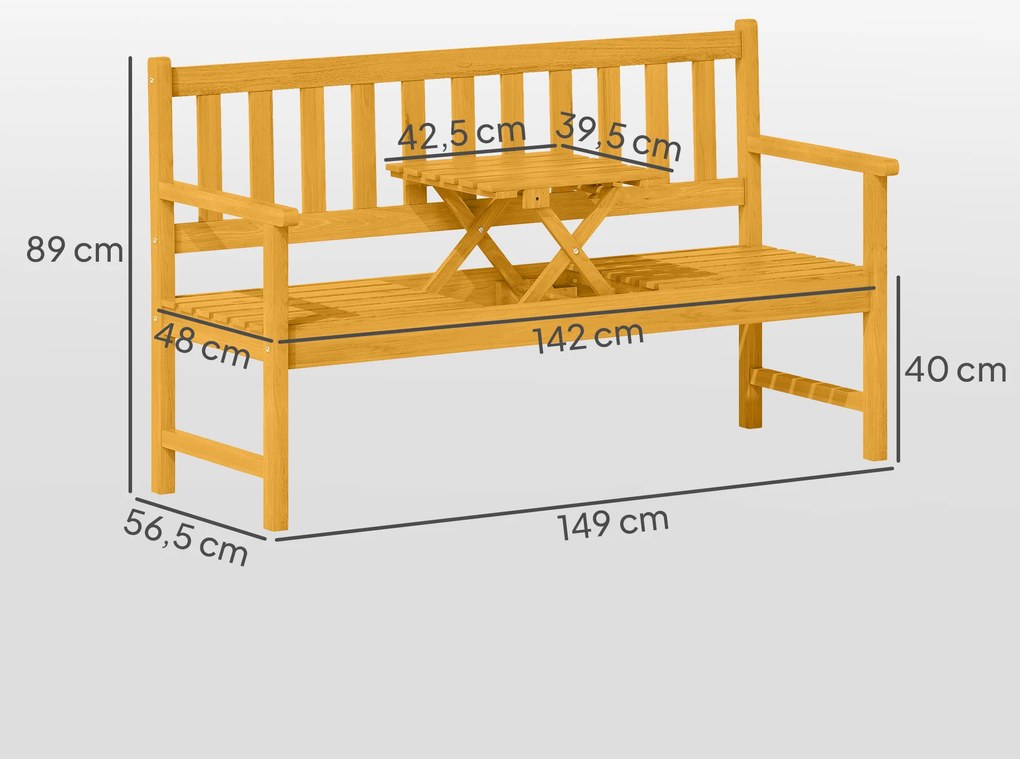 Outsunny 2-osobowa ławka ogrodowa z drewna, odporna na warunki atmosferyczne, z oparciami i podłokietnikami, 320kg, 149x56,5x89cm, Teak