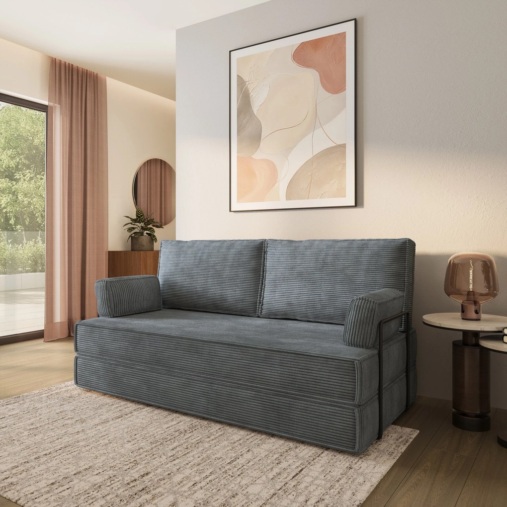 Masseno Sofa piankowa SILAR z funkcją spania, Kanapa z pianki do salonu, Bezmontażowa, Tkanina sztruksowa – Szary POSO 60